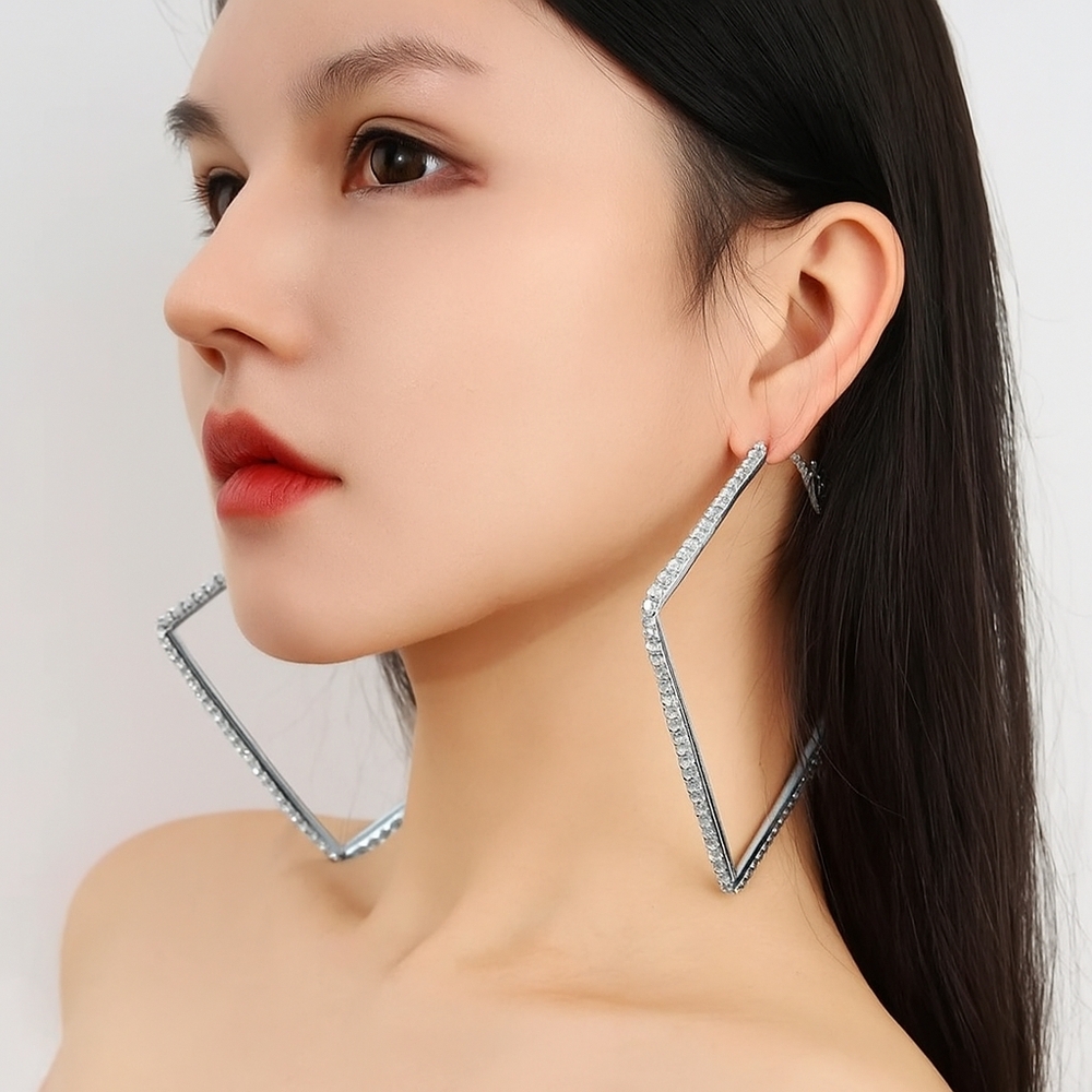 Elegant Silver Geometric Diamond Rhinestone XL Earrings